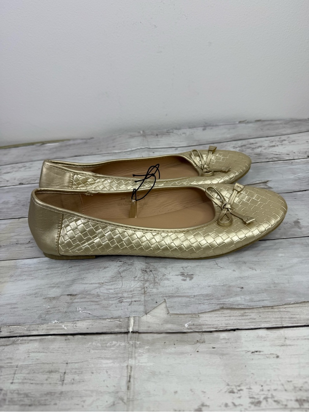 long tall sally Gold Woven Ballet Flats with Bow Accent